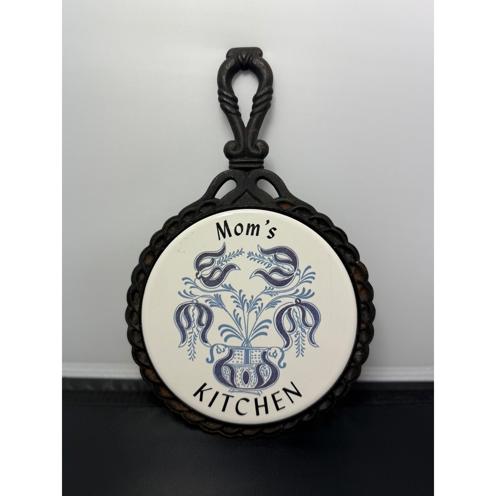 Vintage Cast Iron tile Trivet Mom's Kitchen Blue‎ Floral Mid-State wall decor